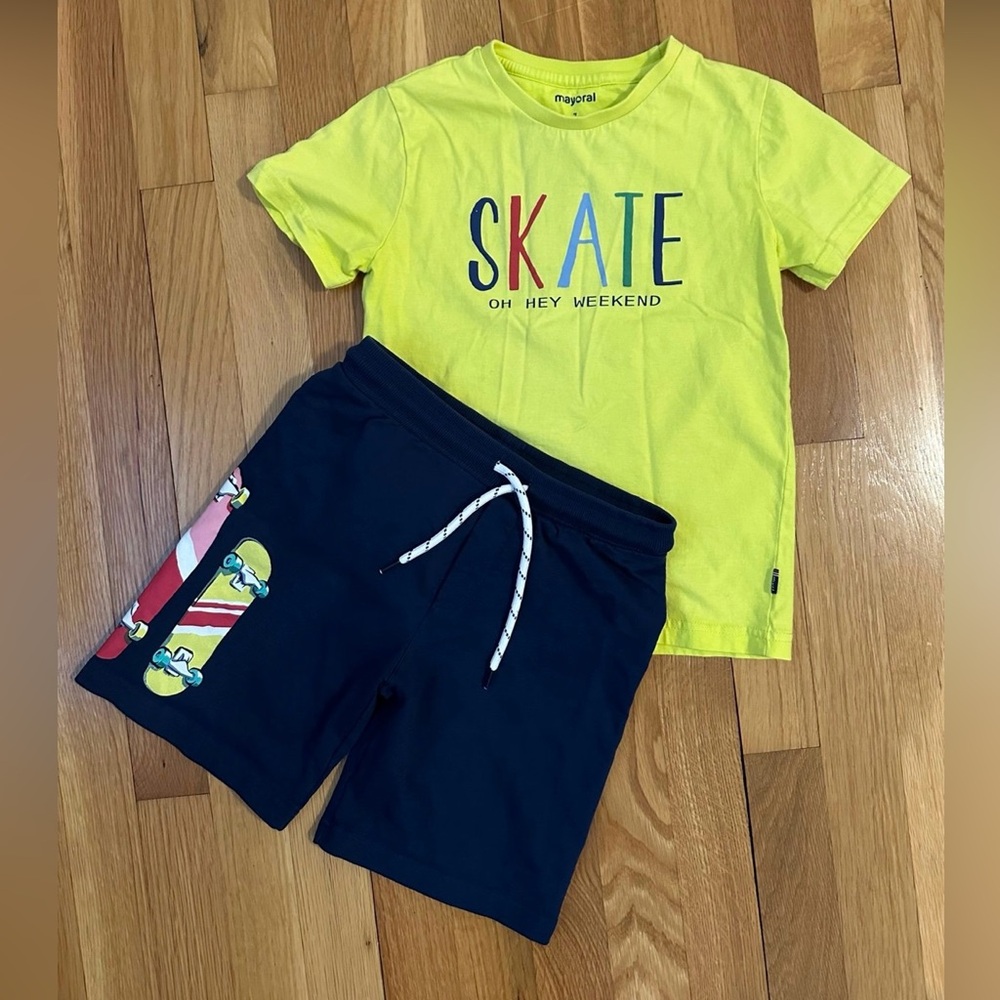 Mayoral Skateboard Set Boys size 7 Skateboarding Weekend Vibes Tshirt Shorts